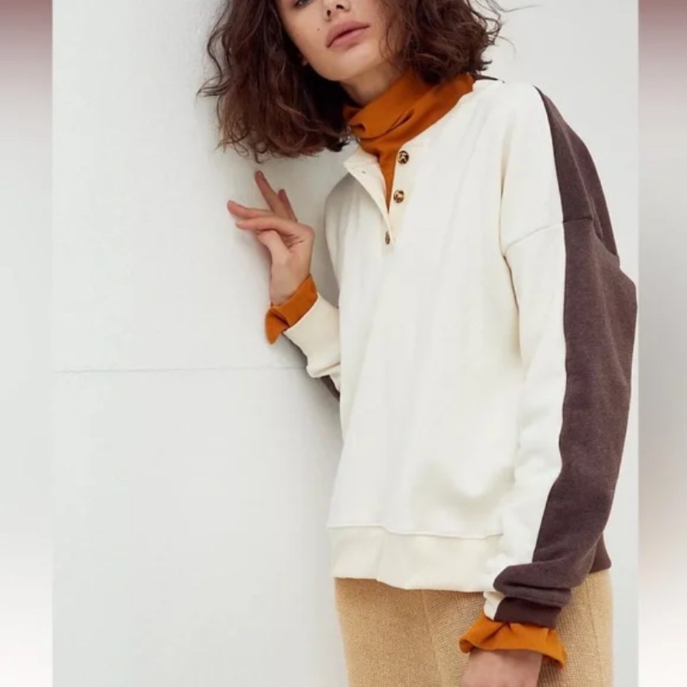DONNI Cream Brown Henley Duo Sweatshirt Sweater [Small]